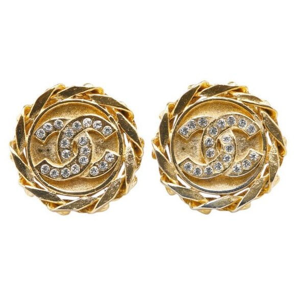 CHANEL CC Logos Rhinestone Round Twist Clip-On Earrings Gold Tone 23 Auth w/Box - Picture 1 of 6